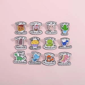 Cartoon animal and dessert enamel pins set featuring dinosaurs and rude humor text