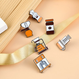 6-piece coffee-themed enamel pin set featuring dripper, kettle and espresso machine