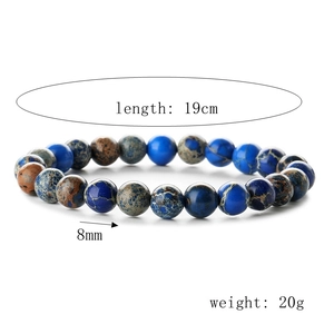 Detailed view of 8mm blue natural stone beaded bracelet with size and weight measurements