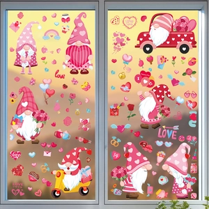Close-up of Valentine's Day gnome stickers with hearts and flowers on glass windows