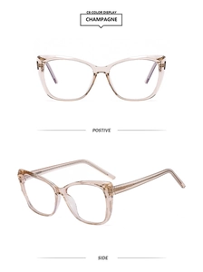 Detail view of champagne cat-eye TR90 frames with subtle glitter and transparent finish