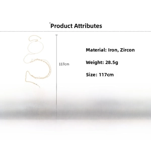 Detail specifications of golden zircon tasseled body chain, 117cm length and 28.5g weight