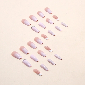 Faux ongles dégradés roses style ballerine avec strass et paillettes, lot de 24