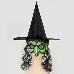 Halloween green witch latex mask set with black pointed hat and long grey curly wig