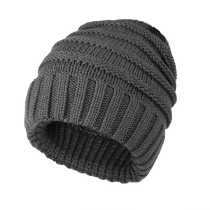 Classic dark grey knit beanie with stylish ribbed texture and thick winter fold design