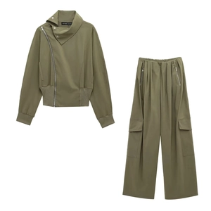Olive green two-piece set featuring a high neck zip jacket and matching cargo wide-leg pants