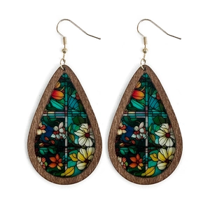 Waterdrop earrings with floral stained glass pattern and wooden frame on white background