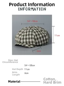 Detail specifications of green plaid newsboy cap with 54-58cm circumference and cotton fabric