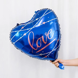 Blue heart foil balloon with rose gold love text for wedding and engagement party deco