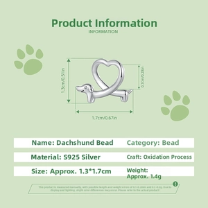 Macro view of S925 sterling silver dachshund charm bead with dimensions and weight specs