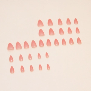 Short almond press-on nail set in translucent peach pink jelly finish with 24 pieces