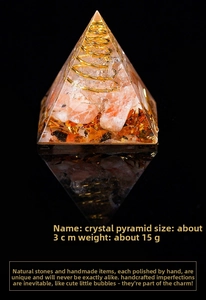Detail of 3cm crystal pyramid with pink quartz chips and copper spiral in resin