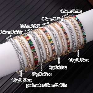 Detail view of colorful zircon tennis bracelets in 5mm, 6mm, and 7mm widths on display
