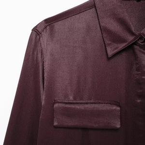 Deep burgundy satin shirt for women featuring a classic collar and smooth silk texture