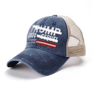 Navy blue and beige Trump 2024 The Sequel trucker hat with breathable mesh back