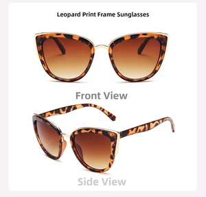 Detail view of leopard print cat eye sunglasses with gradient lenses and gold accents