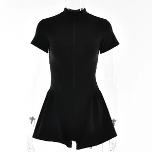 Close-up of the black short sleeve romper with a functional front zipper closure