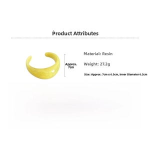 Detail view of yellow resin wide bangle with specifications on size and weight