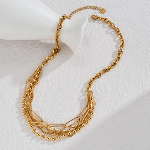 18K gold plated stainless steel layered necklace set with round and oval links