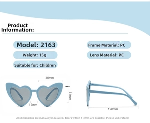 Detailed size specifications for light blue heart-shaped PC material kids sunglasses