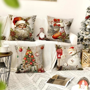 Christmas Throw Pillowcases Polyester Faux Linen Retro Santa Snowman Tree Stockings Holiday Decoration Sofa Covers