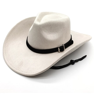 Cappello da cowboy bianco sporco a tesa larga con fascia in pelle nera e cordino antivento