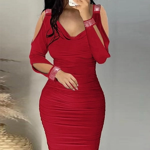 Ruched Bodycon Dress With Rhinestone Cold Shoulder Long Sleeve Elegant Party Evening Wear For Women Red