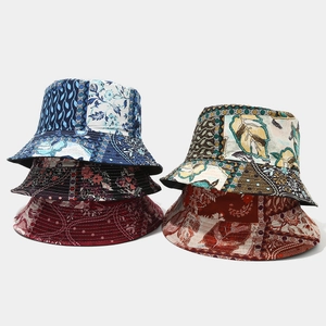 Close-up of Bohemian floral print sun hats showing fabric texture and stitch detail