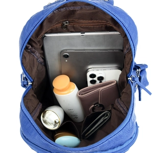 Blue rivet backpack with lychee texture and spacious interior for tablets and daily items
