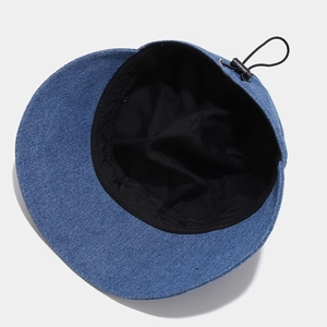 Blue washed denim wide brim sun hat with adjustable black elastic drawstring and toggle