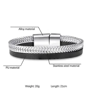 Men's multilayer braided leather bracelet with silver stainless steel magnetic clasp