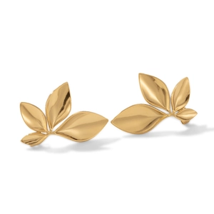 Golden titanium steel leaf-shaped earrings with a fan-shaped triple petal design