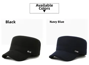 Detail view of winter military flat top caps in black and navy thick cotton fabric