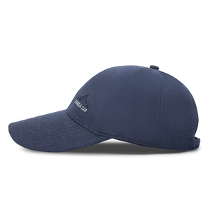 Navy blue baseball cap with mountain embroidery shown from a professional side angle view