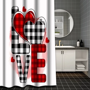 Modern LOVE print shower curtain featuring buffalo plaid letters and red heart accents