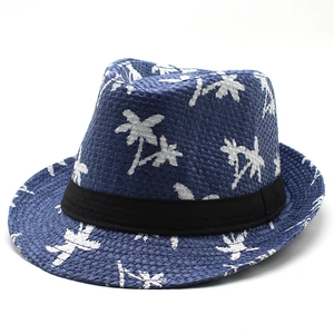 Fedora Straw Hat Paper Woven Palm Tree Print Summer Beach Sun Protection Hawaiian Style Unisex Panama Hat With Ribbon