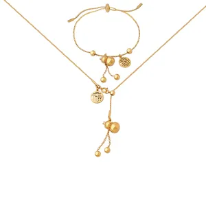 Ethnic Chinese Style Gourd Blessing Pendant Necklace And Bracelet Set Titanium Steel Gold Plated Retro Jewelry For Women