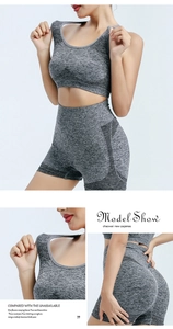 Detail view of grey seamless yoga set featuring racerback bra and breathable high-waist shorts