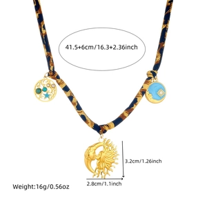 Vintage leopard cotton cord necklace with golden sun and moon face relief pendants