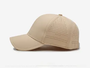 Side view of khaki quick-dry baseball cap featuring laser-cut breathable ventilation holes