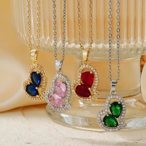 Collana con Pendente a Cuore in Acciaio Inossidabile per Donna Doppia Goccia d'Acqua Zirconia Pavé Strass Gioielli