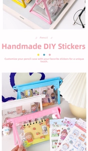 Detailed view of DIY transparent PVC pencil cases with cute stickers and zipper closure