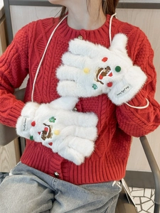 Gants de Noël en peluche blanche avec broderie ours teckel et cordon de cou pratique