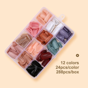 Set of 288 press-on nails in 12 solid colors including nude pink and mocha shades