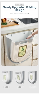 Detailed sequence showing three-stage folding mechanism of grey and white kitchen waste bin