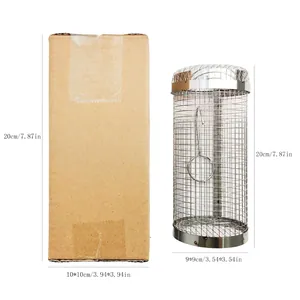 20cm stainless steel BBQ rolling grilling basket shown with its corrugated cardboard packaging
