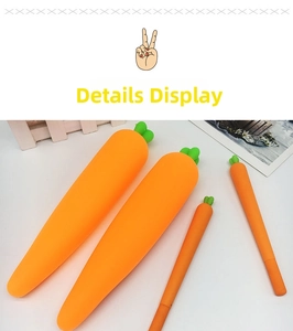 Macro detail showing carrot-shaped silicone stationery pens in various sizes and textures
