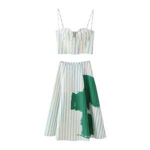 Women Striped Camisole Top And Midi Skirt With Green Graffiti Print Cotton Blend Sexy Summer Outfit