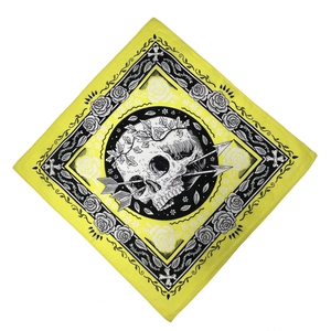 100% cotton yellow square bandana featuring a black skull, roses and flower garland print