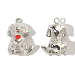 Detailed front and back view of silver dog pendant with red heart enamel accent